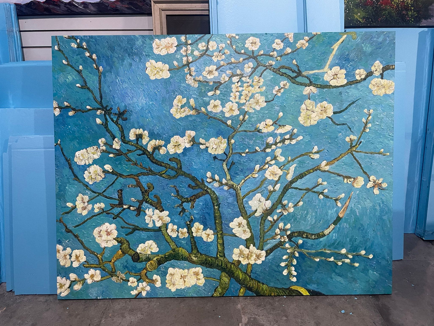 Hand-Painted Almond Blossom Oil Painting on Canvas – Blue Floral Wall Art for Living Room Decor