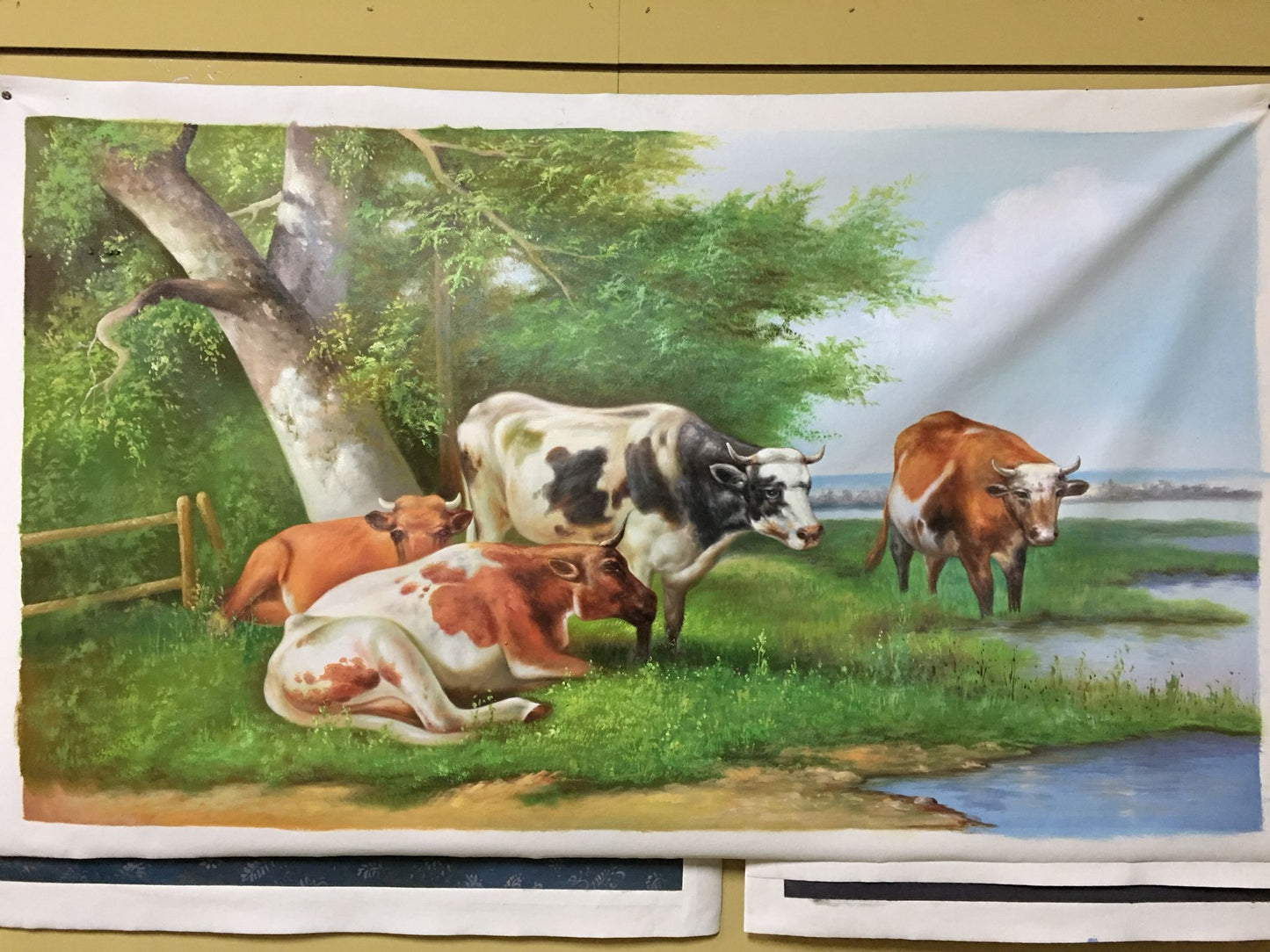 Hand-Painted Farm Landscape Oil Painting Rustic Cow Canvas Wall Art for Home Decor