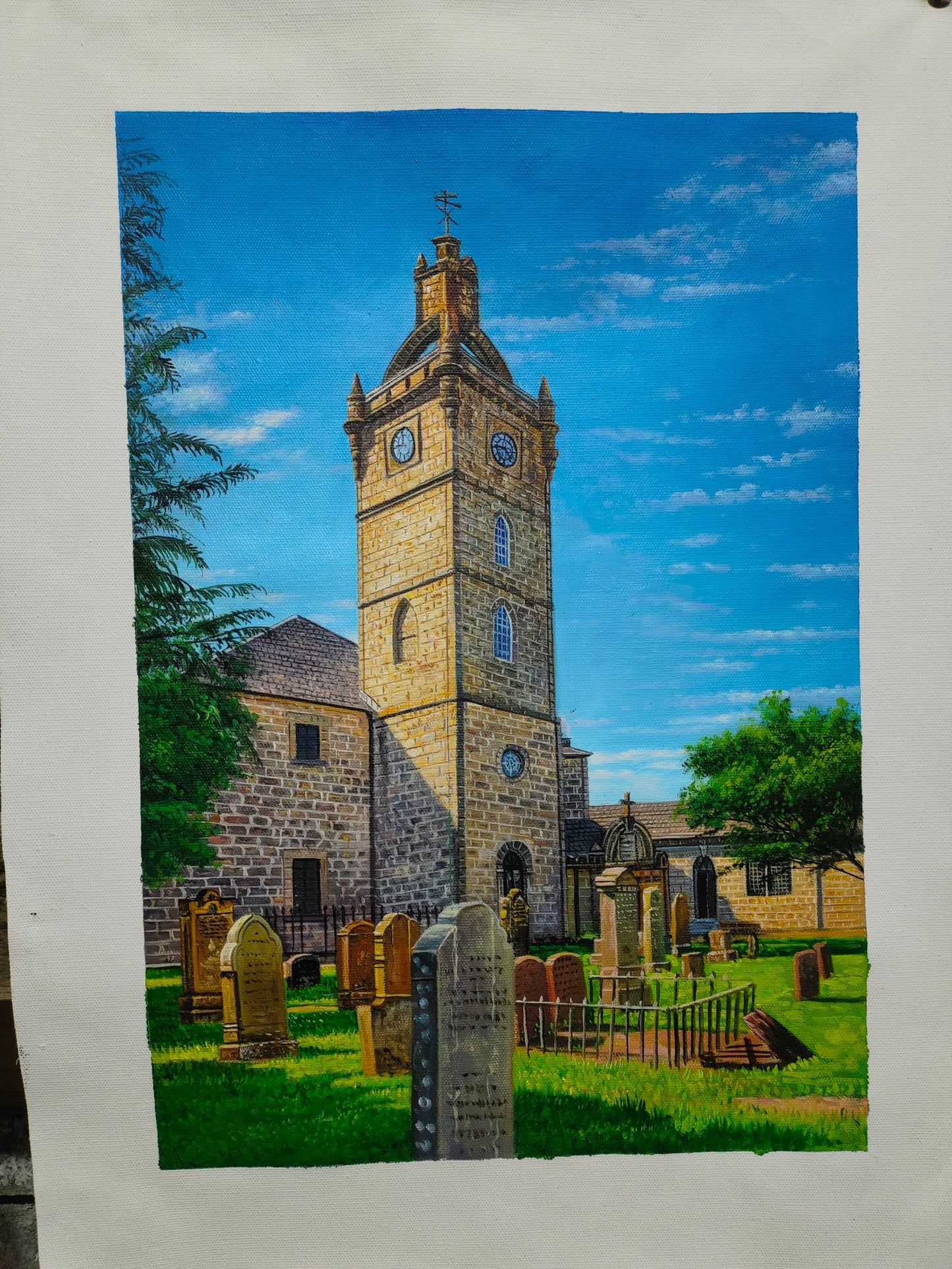 Historic Church Oil Painting on Canvas Handmade Architecture Landscape Wall Art