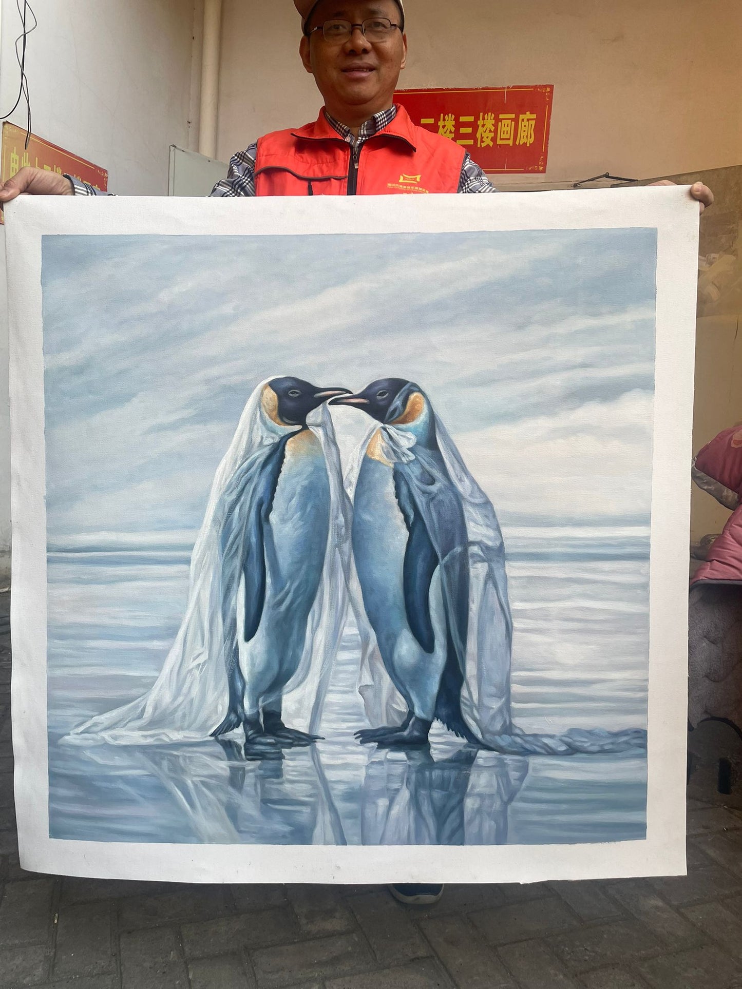 Romantic Penguin Couple Oil Painting Love & Wedding Theme Canvas Art