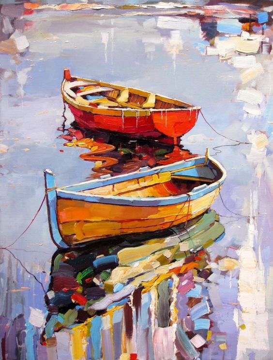 Reflections of Still Waters Colorful Boat Oil Painting