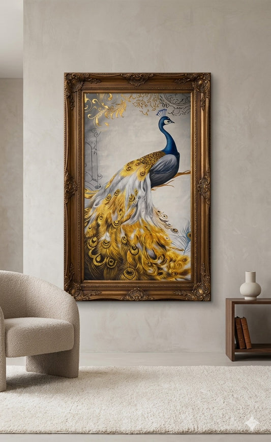 Luxury Golden Peacock Oil Painting – Elegant Bird Wall Art Canvas