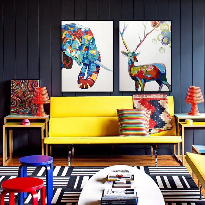 Colorful Abstract Animal Oil Painting Set  Modern Elephant & Deer Canvas Wall Art (Set of 2)