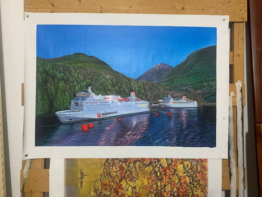 Hand Painted Cruise Ship Oil Painting Scenic Fjord Landscape Canvas Art
