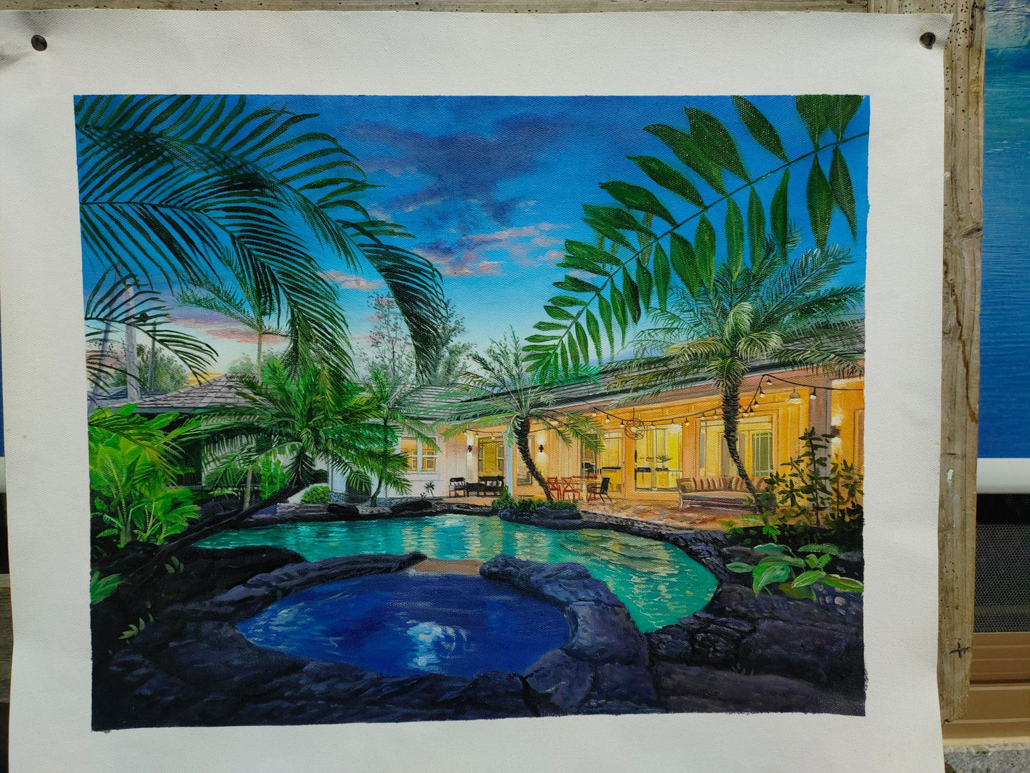 Luxury Tropical Villa Pool Oil Painting  Evening Landscape Canvas Art