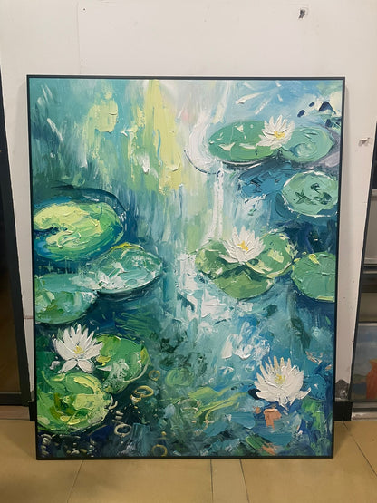 Water Lily Pond Oil Painting – Impressionist Floral Landscape Wall Art