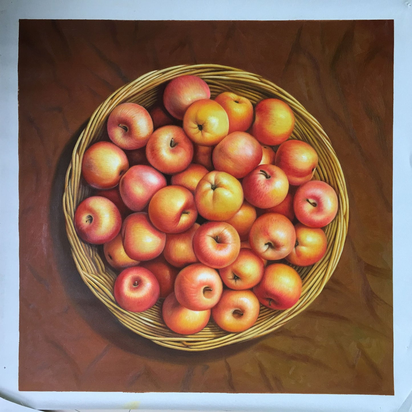 Golden Harvest – Red Apples Basket Oil Painting