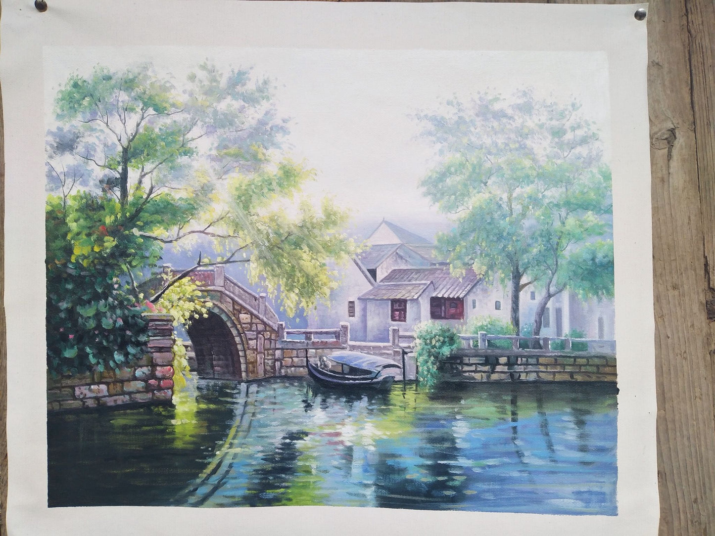 Serene Canal Escape  Riverside Village Oil Painting
