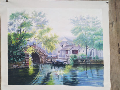 Serene Canal Escape  Riverside Village Oil Painting