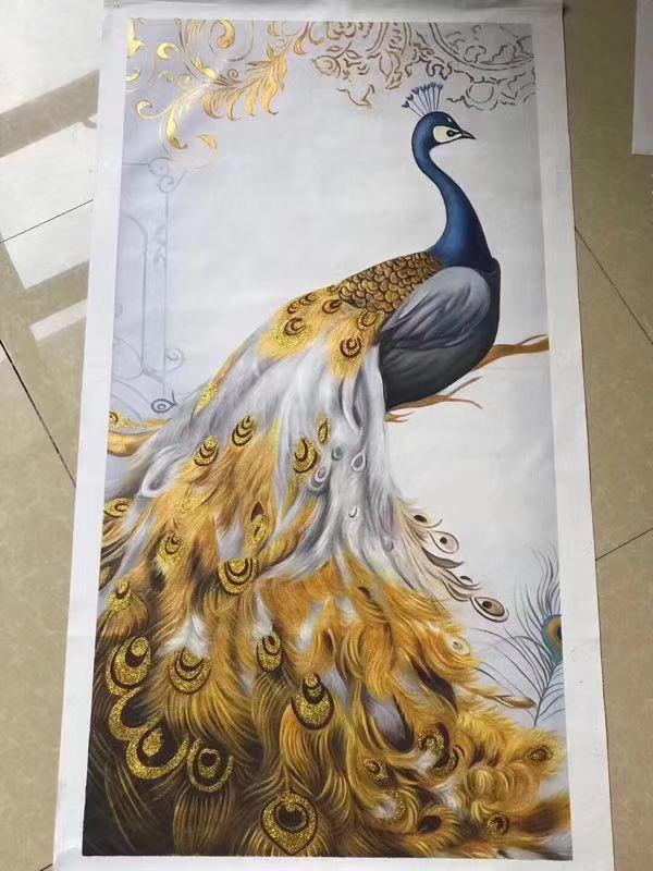Luxury Golden Peacock Oil Painting – Elegant Bird Wall Art Canvas