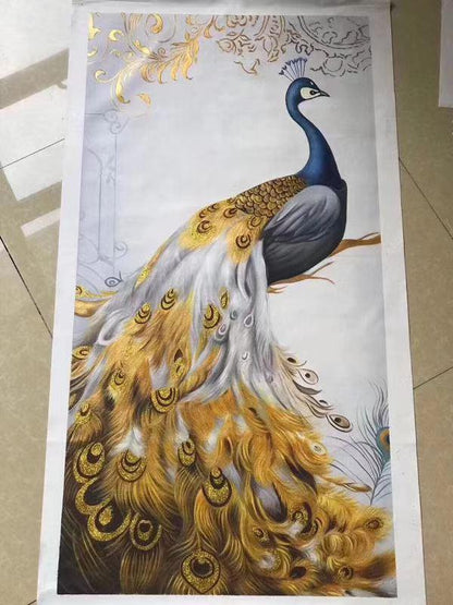 Luxury Golden Peacock Oil Painting – Elegant Bird Wall Art Canvas