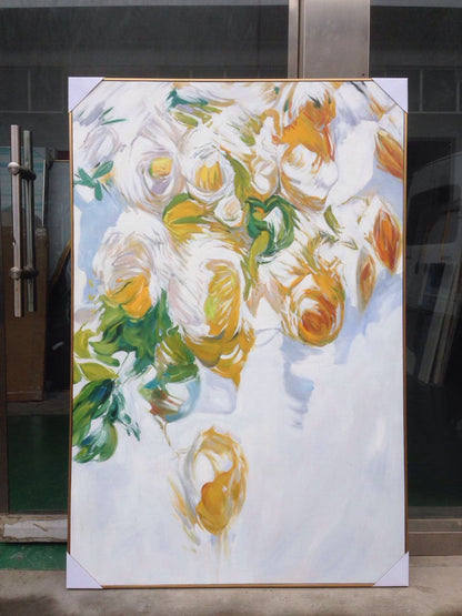 Modern Abstract Floral Oil Painting – White & Gold Canvas Wall Art
