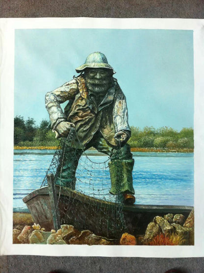 Vintage Fisherman Statue by the Lake – Rustic Coastal Art Print with Nautical Charm
