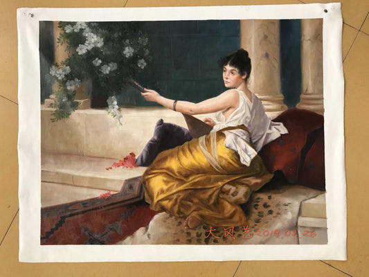 Elegant Classical Lady Painting – Vintage European Portrait Art with Floral Garden Scene & Romantic Interior Decor
