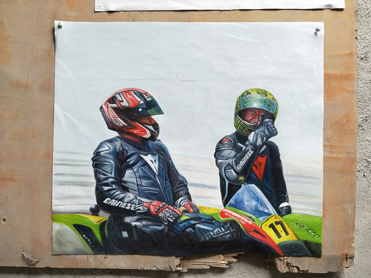 Motorcycle Riders Oil Painting – Racing Biker Wall Art Canvas