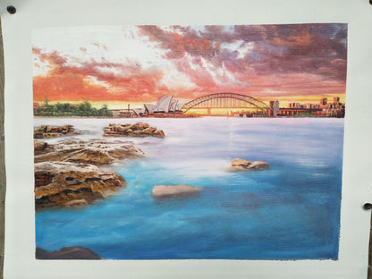 Sunset Harbor Bridge Oil Painting – Coastal Landscape Wall Art Canvas