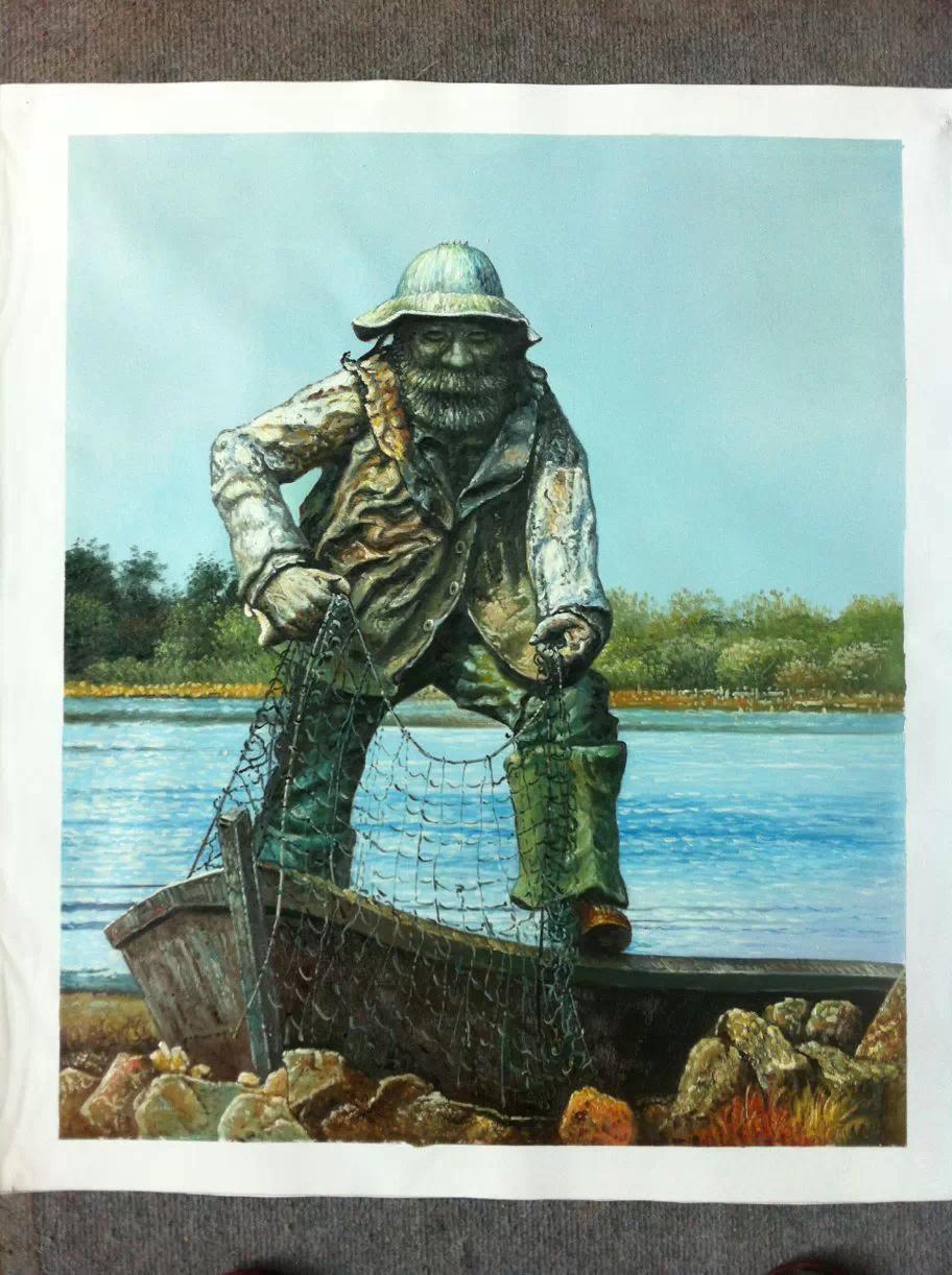 Vintage Fisherman Statue by the Lake – Rustic Coastal Art Print with Nautical Charm