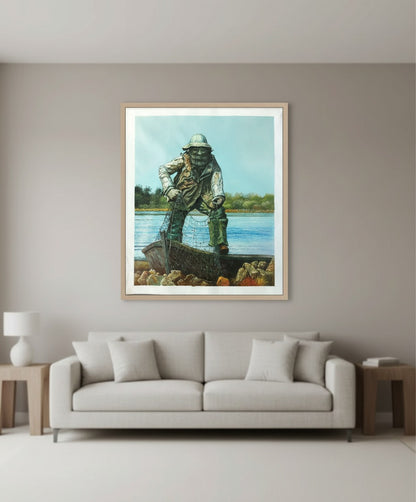 Vintage Fisherman Statue by the Lake – Rustic Coastal Art Print with Nautical Charm