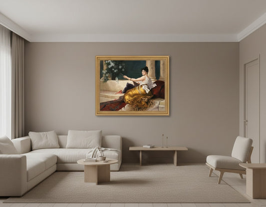 Elegant Classical Lady Painting – Vintage European Portrait Art with Floral Garden Scene & Romantic Interior Decor