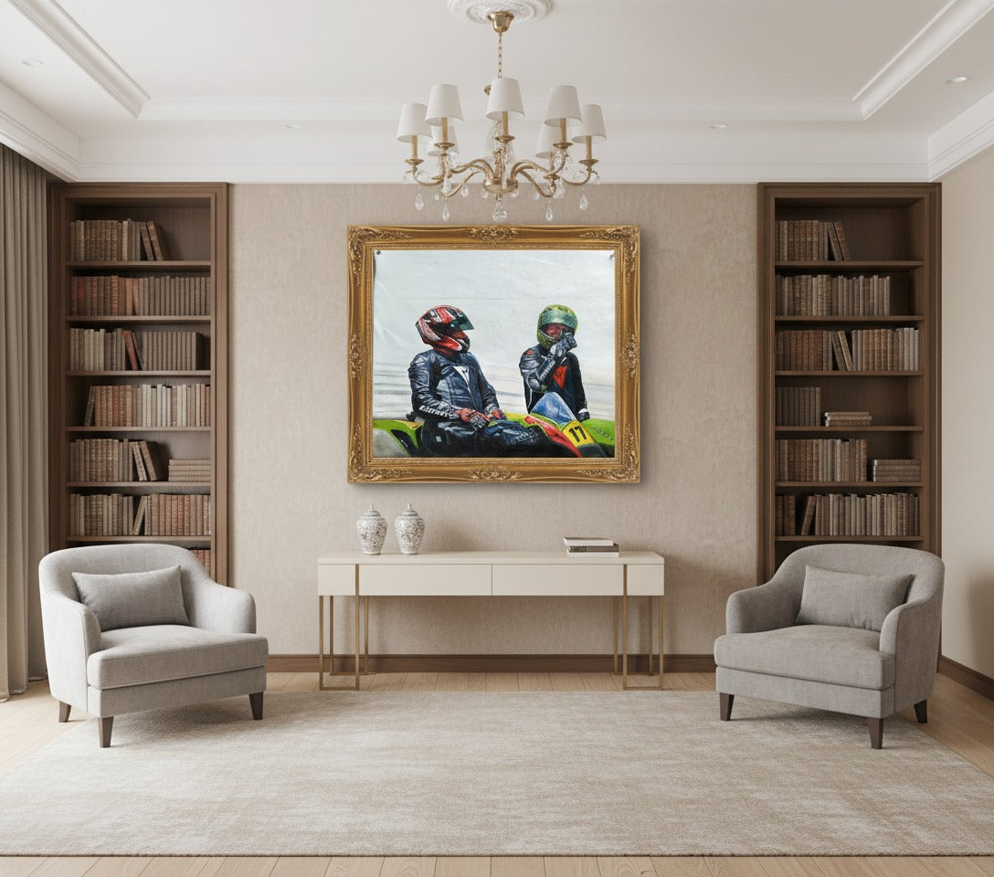 Motorcycle Riders Oil Painting – Racing Biker Wall Art Canvas
