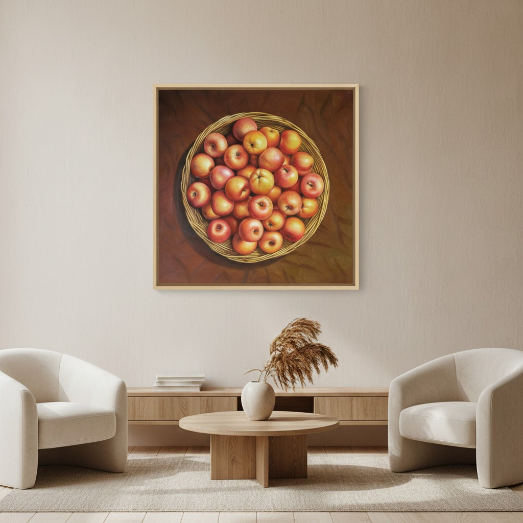 Golden Harvest – Red Apples Basket Oil Painting