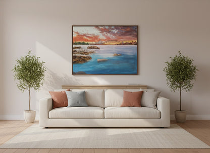 Sunset Harbor Bridge Oil Painting – Coastal Landscape Wall Art Canvas