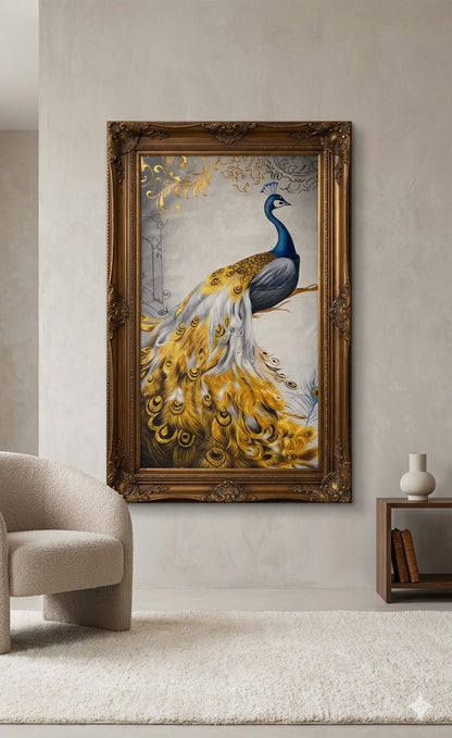 Luxury Golden Peacock Oil Painting – Elegant Bird Wall Art Canvas