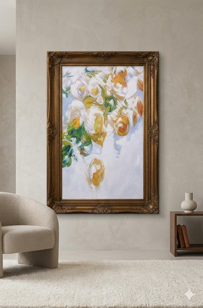 Modern Abstract Floral Oil Painting – White & Gold Canvas Wall Art