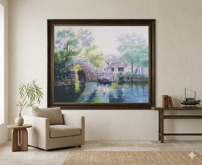 Serene Canal Escape  Riverside Village Oil Painting