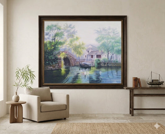 Serene Canal Escape  Riverside Village Oil Painting