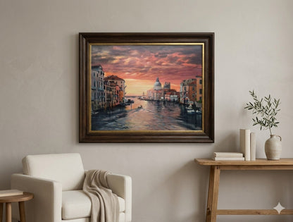 Sunset Harbor Bridge Oil Painting – Coastal Landscape Wall Art Canvas