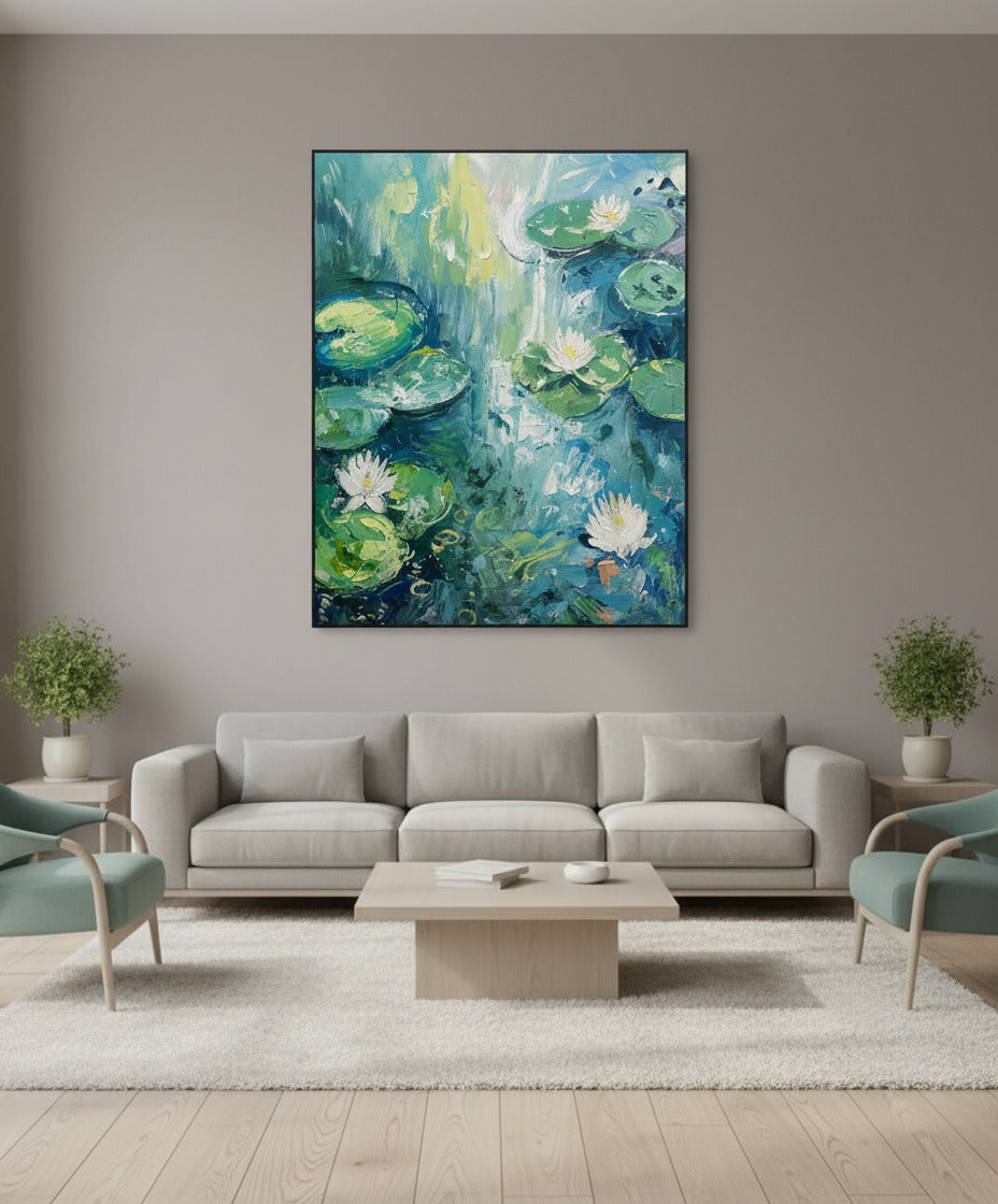 Water Lily Pond Oil Painting – Impressionist Floral Landscape Wall Art