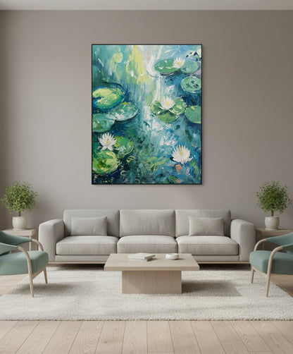 Water Lily Pond Oil Painting – Impressionist Floral Landscape Wall Art